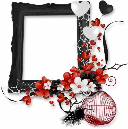 Черная рамка с красно-черно-белыми цветами и шарами