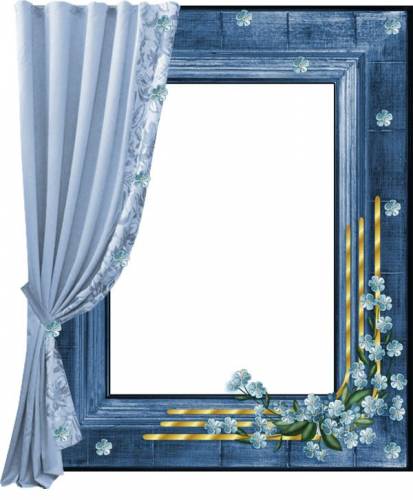 Окно с голубой занавеской и цветами
