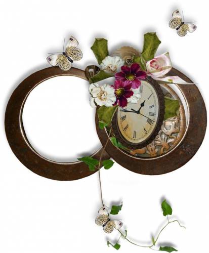 Круглая рамка с цветами, часами и бабочками