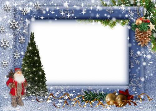 Дед Мороз, елка, снежинки. Рамка на прозрачном фоне