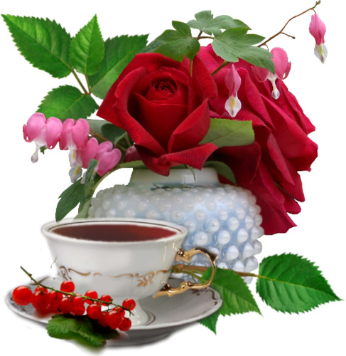 Украшение для текстов- цветы, чашка чая с красной смороди...