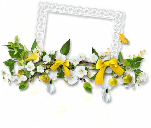 Белая рамка с цветами, птицей и желтыми бантиками