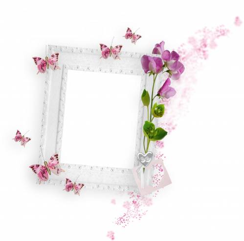 Белая рамка с бабочками, цветами, сердечком
