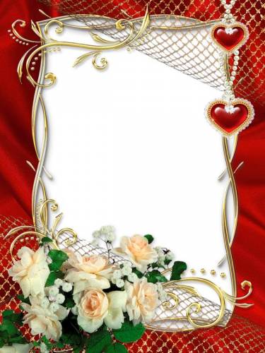 Красная с золотом рамка с сердечками и белыми розами