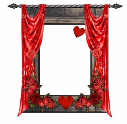Рамка-окно с красными шторами и сердечками