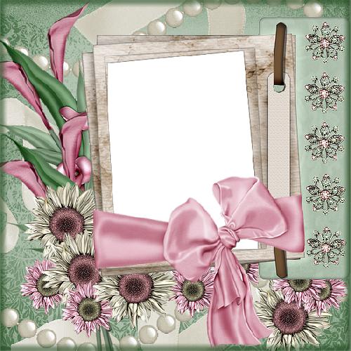 Зеленая рамка с цветами и розовым бантом