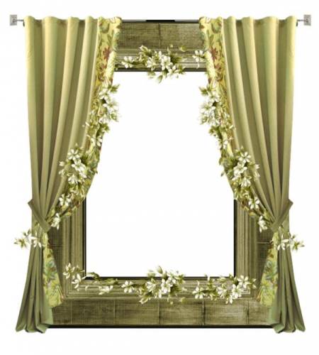 Рамка-окно с зелеными шторами и цветами