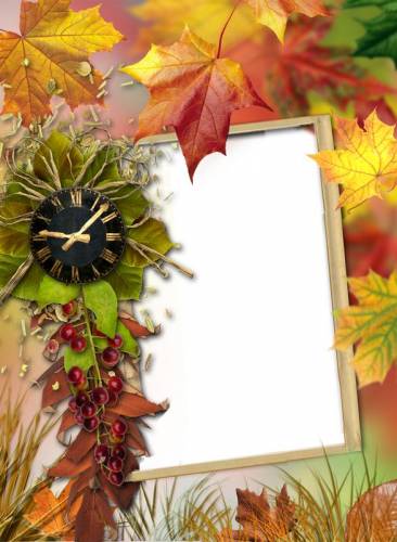 Рамка с разноцветными осенними листьями и часами