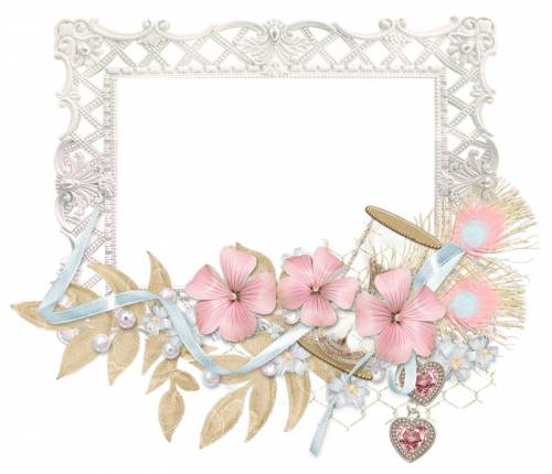 Рамка белая с розовыми цветами, голубой лентой и сердечками