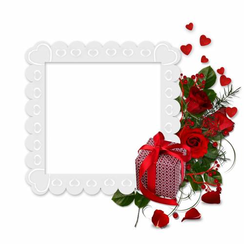 Рамка белая -сердечки с подарком и цветами