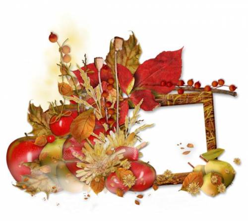 Рамка осенняя с листвой, цветами и яблоками