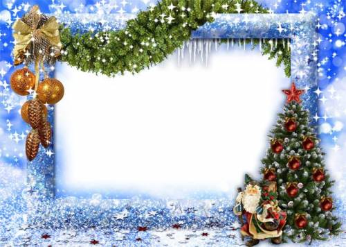 Дед Мороз у красивой елки. Рамка новогодняя