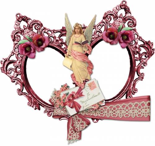 Две овальные рамки с розовым бантом и ангелом