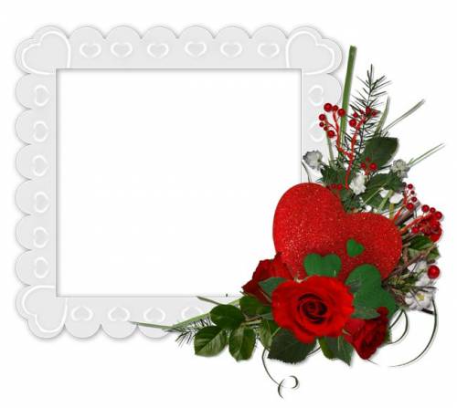 Белая квадратная рамка с розами и сердечком