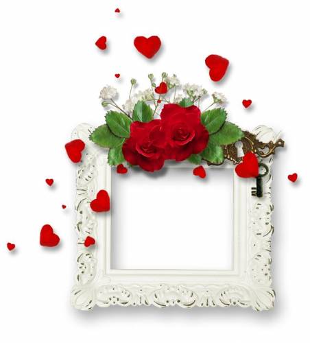 Белая квадратная рамка с розами и сердечками