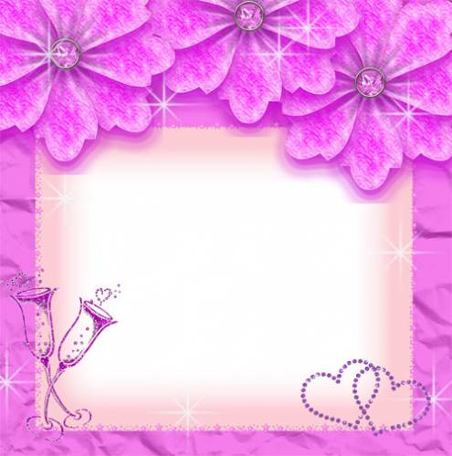 Розовая рамка. Сердечки, фужеры, цветы