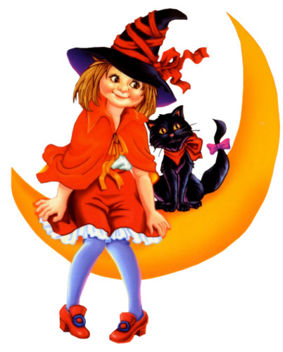 Разделитель  девочка-ведьмочка с черным котом на месяце