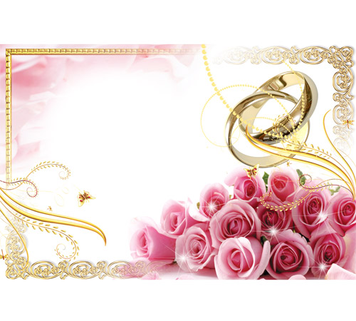 Свадебная рамочка с розовыми розами и кольцами