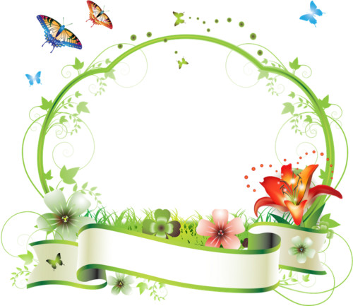Виньетка с бело-зеленой лентой и бабочками