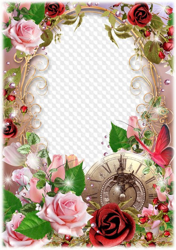 Рамочка с прозрачным фоном для текста с розами и часами