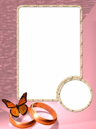 Обручальные кольца и бабочка. Розовая рамка