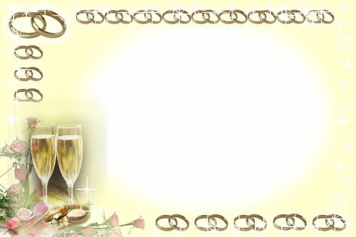 Рамочка из обручальных колечек с бокалами шампанского