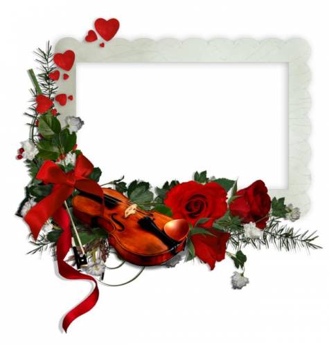 Белая рамка со скрипкой, розами и сердечками