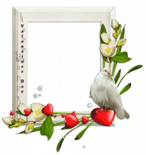 Белая рамка с птицей, сердечками и цветами