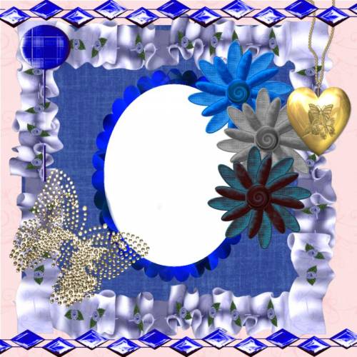 Синяя рамка с цветами, сердечком и бабочкой 99